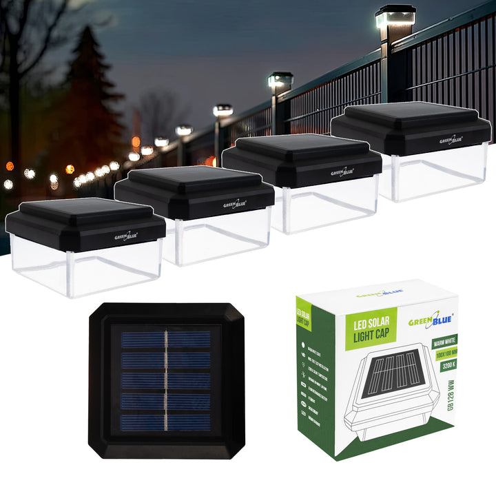 Solárna LED lampa na stĺp GreenBlue, 100 × 100 mm, oblúkový kryt, 3200 K, GB128 WW, 4 ks