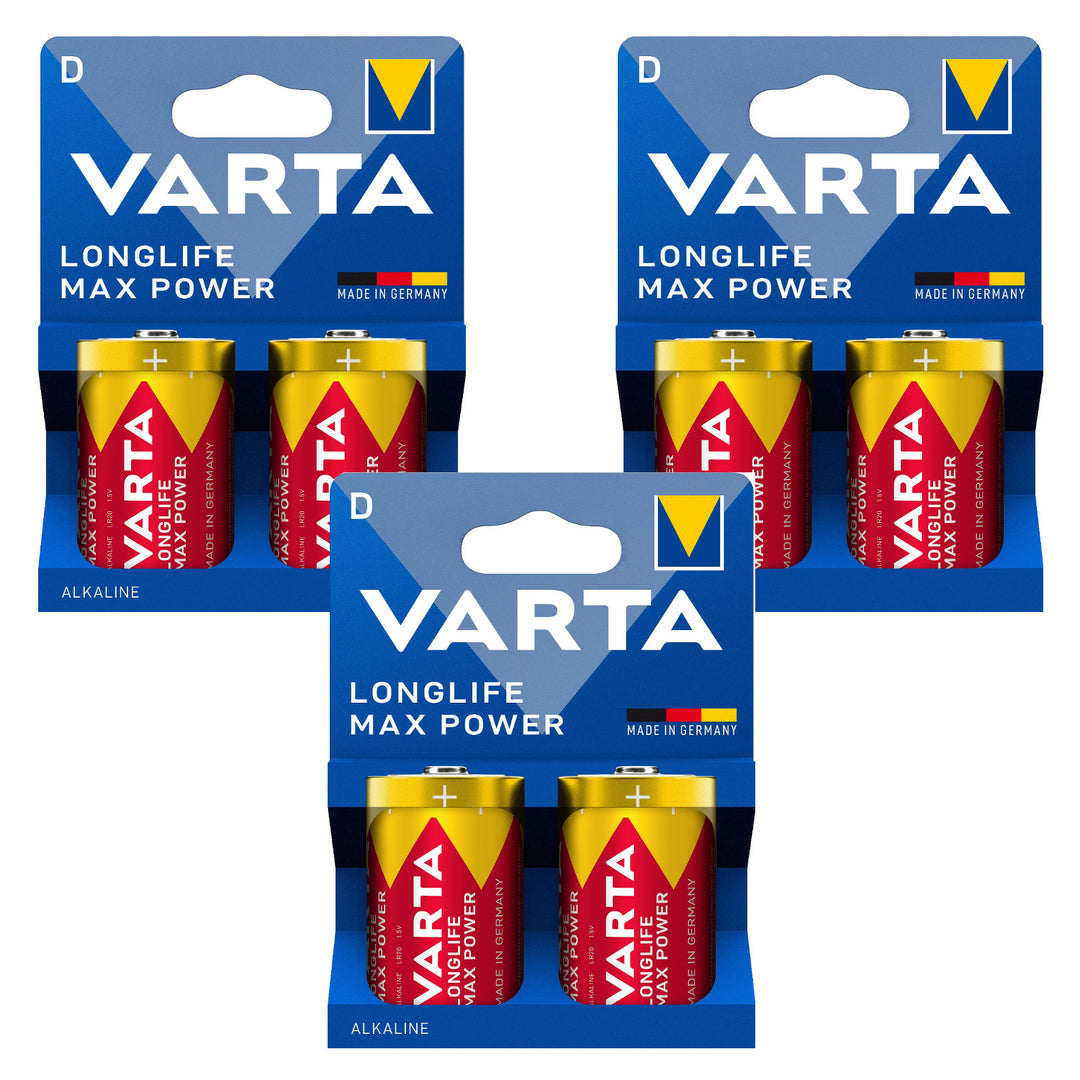 6 ks alkalických batérií R-20 R20 D 1,5 V Varta Longlife Max Power