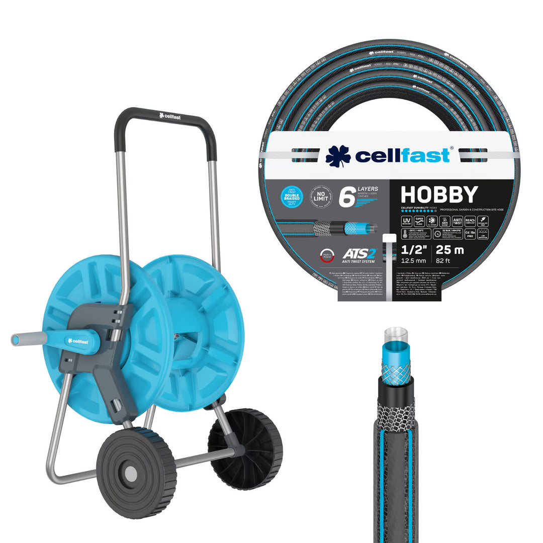 Vozík na hadicu Cellfast Aluplus 1/2" 60 m + záhradná hadica Cellfast Hobby ATS2 1/2" 25 m