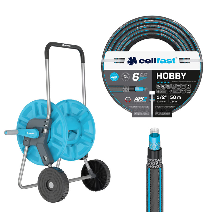 Vozík na hadicu Cellfast Aluplus 1/2" 60 m + záhradná hadica Cellfast Hobby ATS2 1/2" 50 m