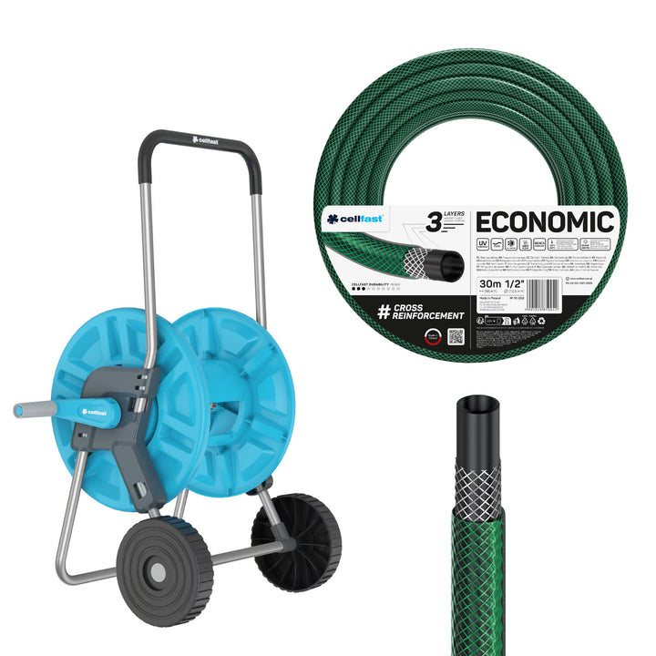Vozík na hadicu Cellfast Aluplus 1/2" 60 m + záhradná hadica Cellfast Economic 1/2" 30 m