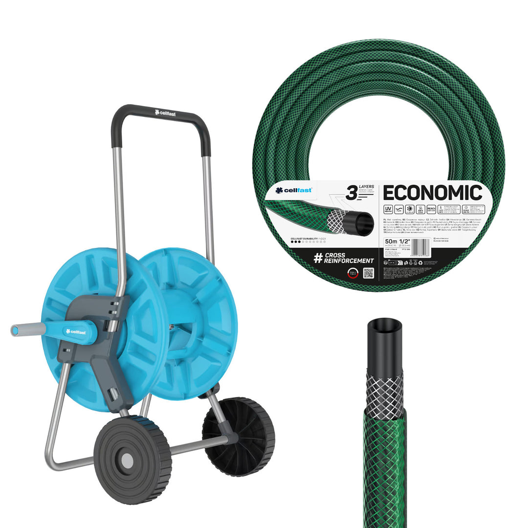 Vozík na hadicu Cellfast Aluplus 1/2" 60 m + záhradná hadica Cellfast Economic 1/2" 50 m