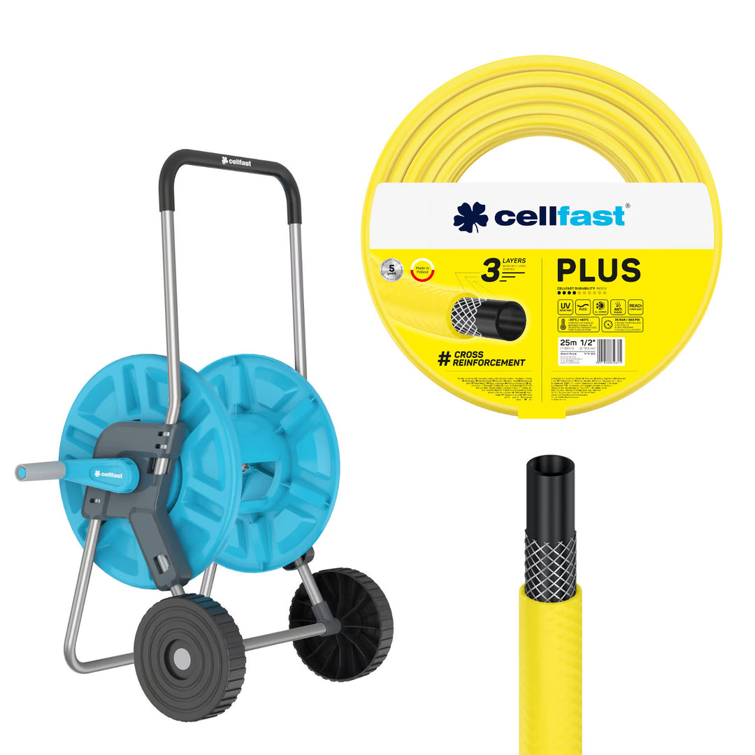Vozík na hadicu Cellfast Aluplus 1/2" 60 m + záhradná hadica Cellfast Plus 1/2" 25 m