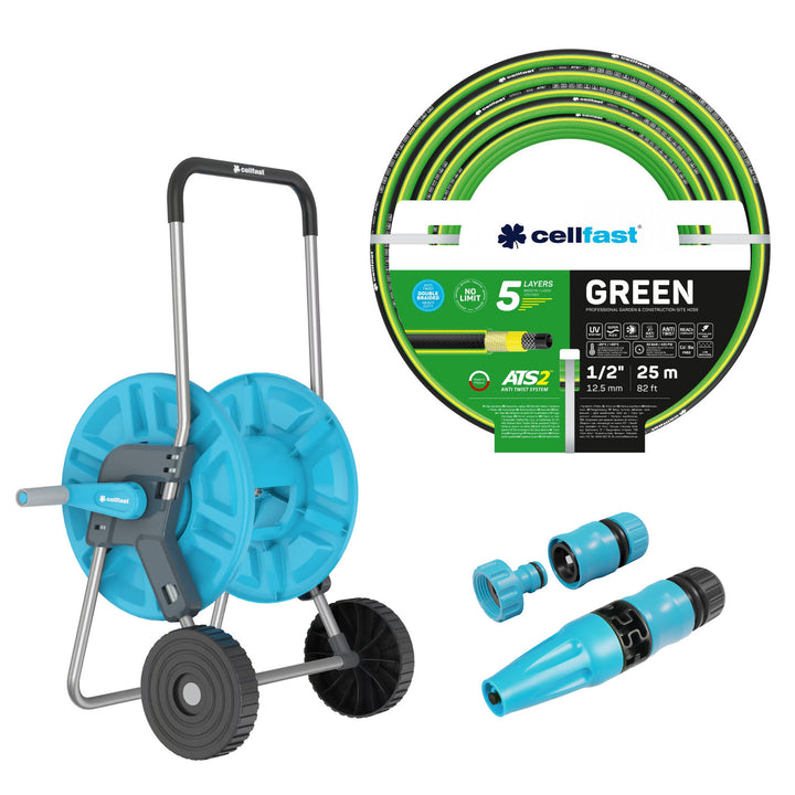 Vozík na hadicu Cellfast Aluplus 1/2" 60 m + záhradná hadica Cellfast Green ATS2 1/2" 25 m + sada s priamym zavlažovačom Cellfast Basic 1/2"