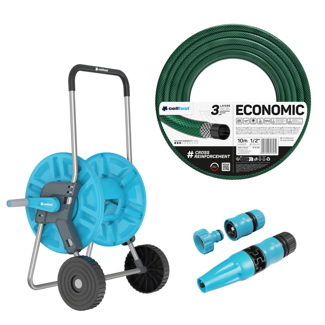 Vozík na hadicu Cellfast Aluplus 1/2" 60 m + záhradná hadica Cellfast Economic 1/2" 10 m + sada s priamym zavlažovačom Cellfast Basic 1/2"