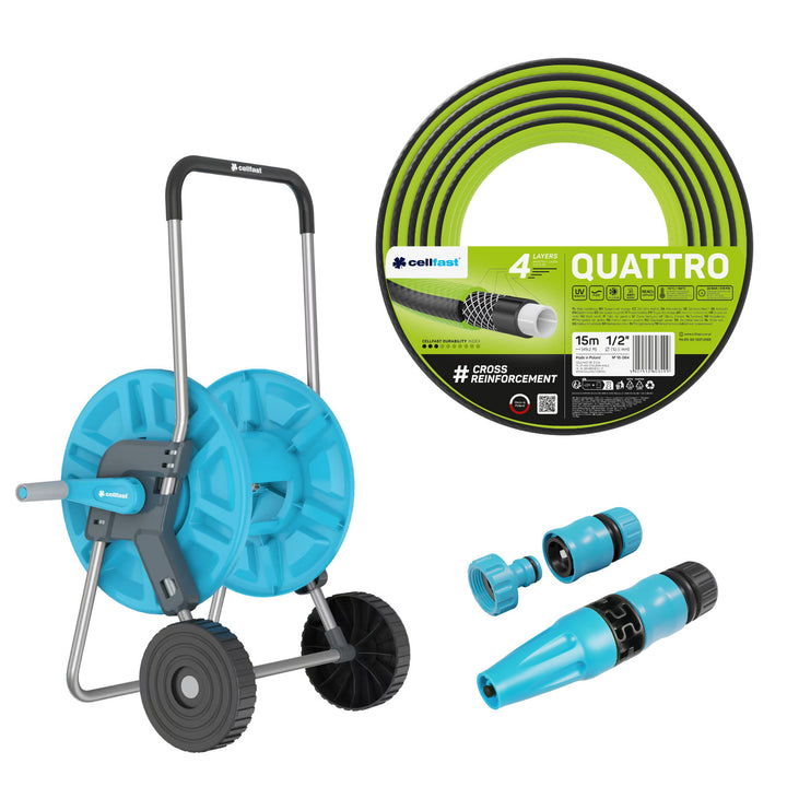Vozík na hadicu Cellfast Aluplus 1/2" 60 m + záhradná hadica Cellfast Quattro 1/2" 15 m + sada s priamym zavlažovačom Cellfast Basic 1/2"