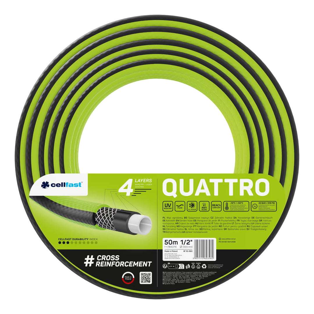 Vozík na hadicu Cellfast Aluplus 1/2" 60 m + záhradná hadica Cellfast Quattro 1/2" 50 m + sada s priamym zavlažovačom Cellfast Basic 1/2"