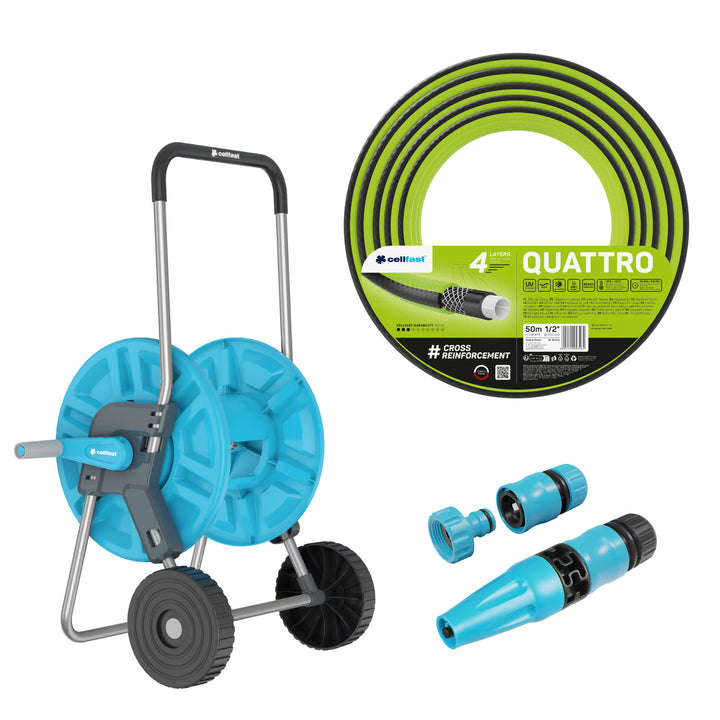 Vozík na hadicu Cellfast Aluplus 1/2" 60 m + záhradná hadica Cellfast Quattro 1/2" 50 m + sada s priamym zavlažovačom Cellfast Basic 1/2"