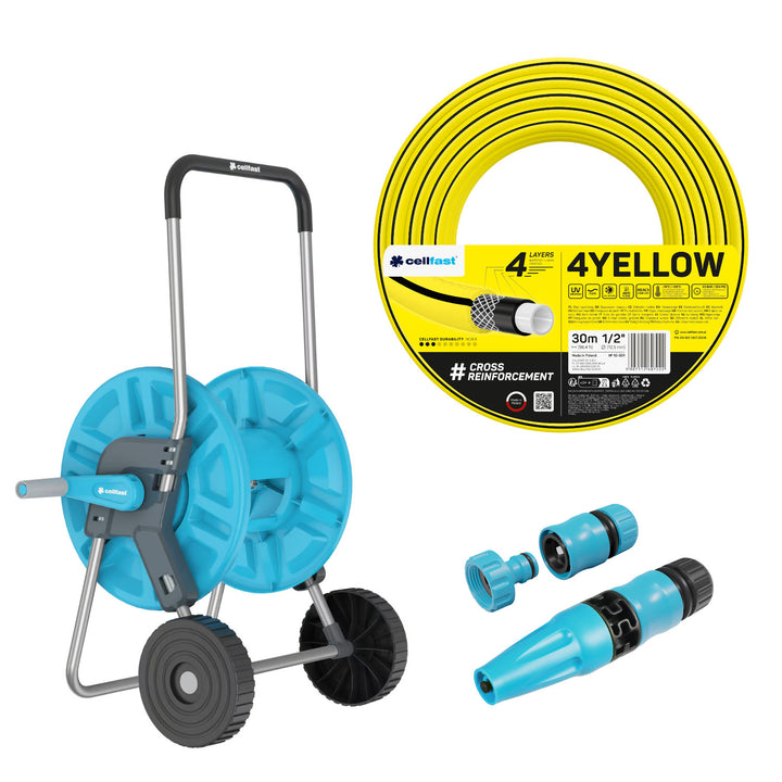 Vozík na hadicu Cellfast Aluplus 1/2" 60 m + záhradná hadica Cellfast 4YELLOW 1/2" 30 m + sada s priamym zavlažovačom Cellfast Basic 1/2"