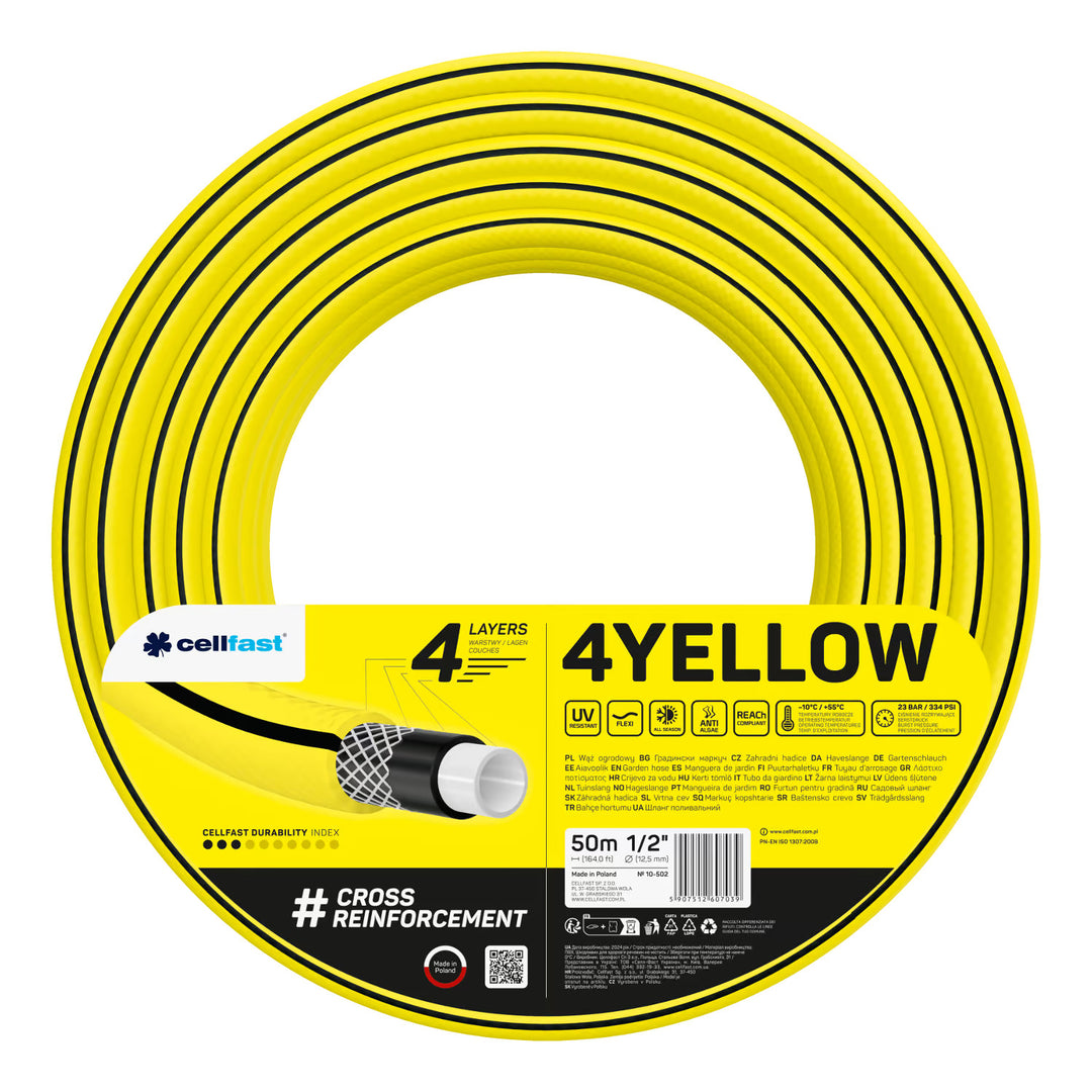 Vozík na hadicu Cellfast Aluplus 1/2" 60 m + záhradná hadica Cellfast 4YELLOW 1/2" 50 m + sada s priamym zavlažovačom Cellfast Basic 1/2"