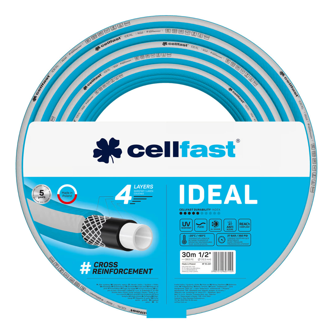 Vozík na hadicu Cellfast Aluplus 1/2" 60 m + Záhradná hadica Cellfast IDEAL 1/2" 30 m + Sada s priamym zavlažovačom Cellfast Basic 1/2"