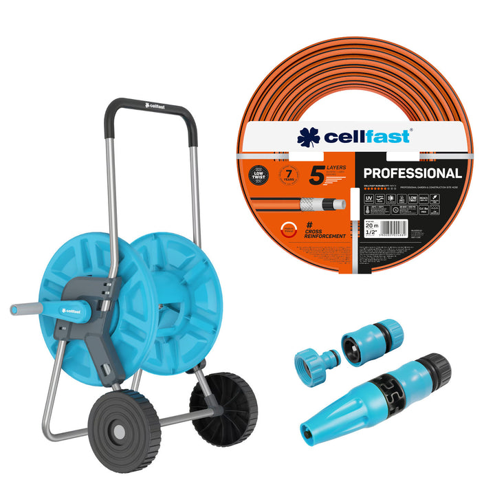 Vozík na hadicu Cellfast Aluplus 1/2" 60 m + Záhradná hadica Cellfast, PROFESSIONAL 1/2" 20 m + Sada s priamym zavlažovačom Cellfast Basic 1/2"