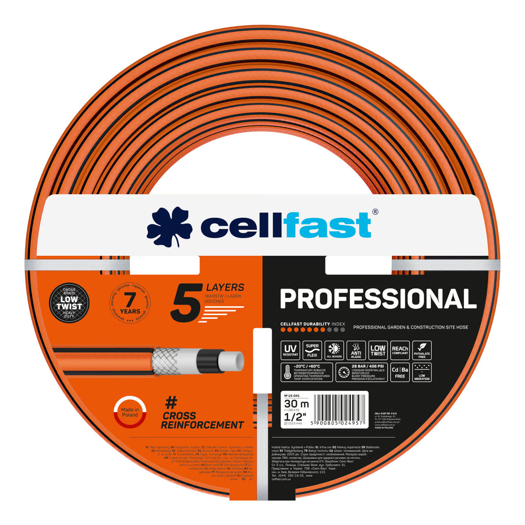 Vozík na hadicu Cellfast Aluplus 1/2" 60 m + Záhradná hadica Cellfast, PROFESSIONAL 1/2" 30 m + Sada s priamym zavlažovačom Cellfast Basic 1/2"