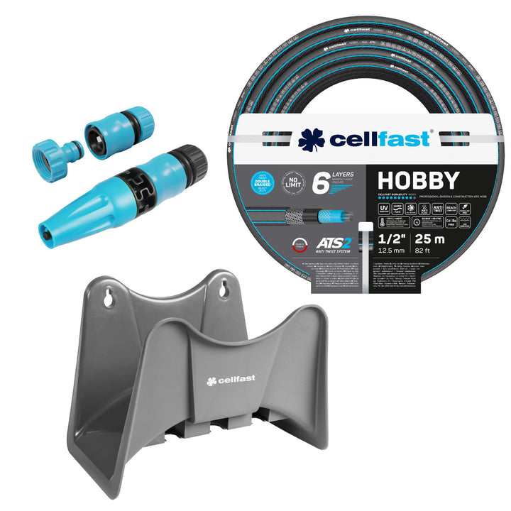 Záhradná hadica Cellfast Hobby ATS2 1/2" 25 m + záves na hadicu Cellfast (sivá) + sada s priamym postrekovačom Cellfast Basic 1/2"