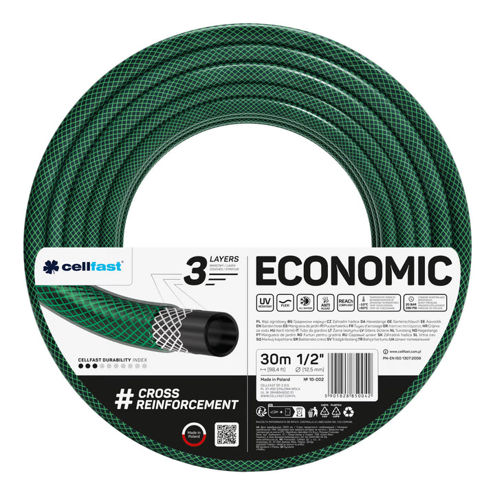 Záhradná hadica Cellfast Economic 1/2" 30 m + záves na hadicu Cellfast (sivá) + sada s priamym postrekovačom Cellfast Basic 1/2"