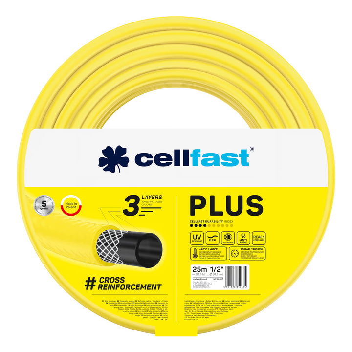 Záhradná hadica Cellfast Plus 1/2" 25 m + záves na hadicu Cellfast (sivá) + sada s priamym zavlažovačom Cellfast Basic 1/2"
