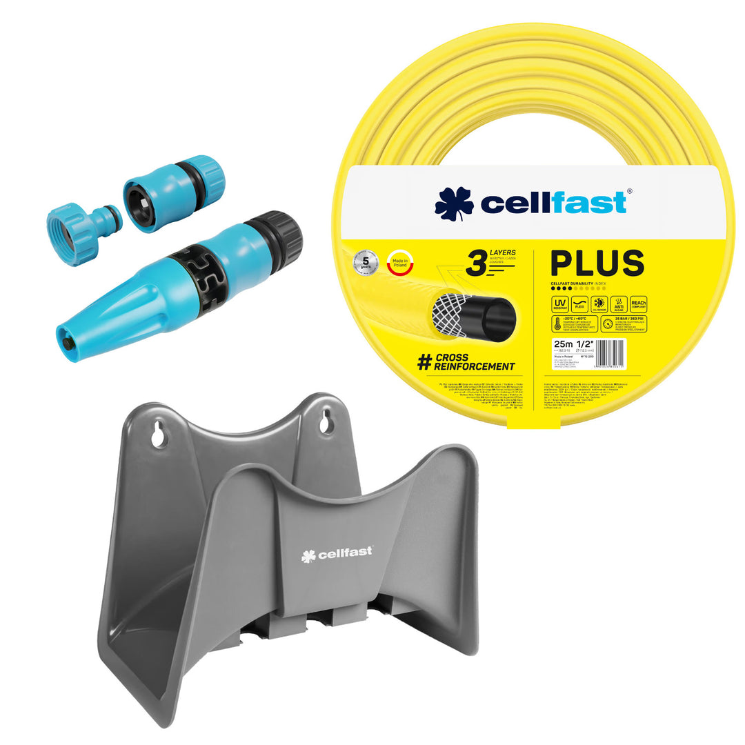Záhradná hadica Cellfast Plus 1/2" 25 m + záves na hadicu Cellfast (sivá) + sada s priamym zavlažovačom Cellfast Basic 1/2"