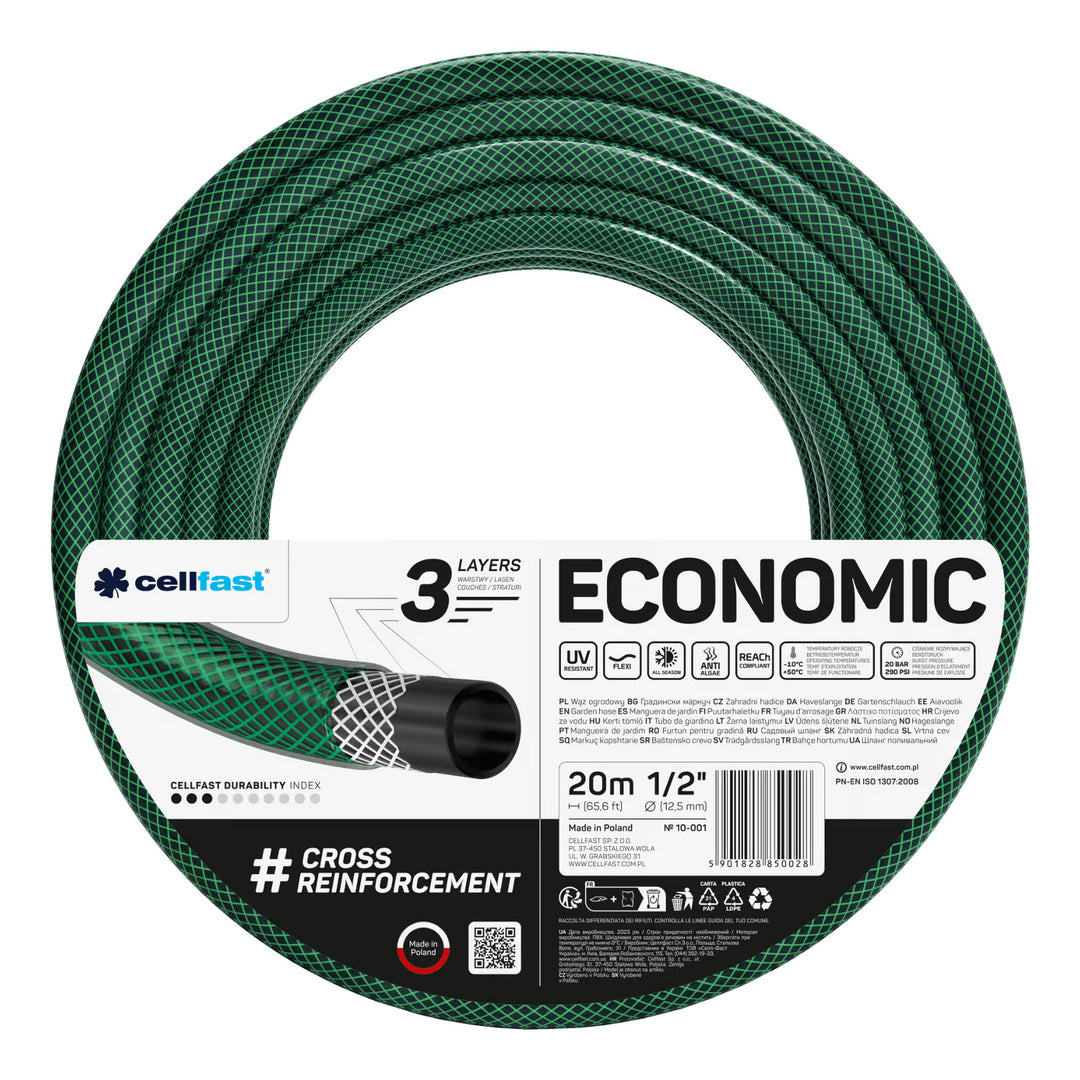 Záhradná hadica Cellfast Economic 1/2" 20 m + záves na hadicu Cellfast (sivá) + sada s priamym rozprašovačom Cellfast Basic 1/2"