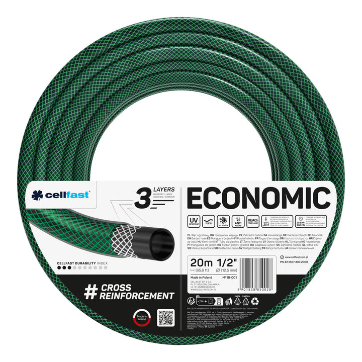 Záhradná hadica Cellfast Economic 1/2" 20 m + záves na hadicu Cellfast (sivá) + sada s priamym rozprašovačom Cellfast Basic 1/2"
