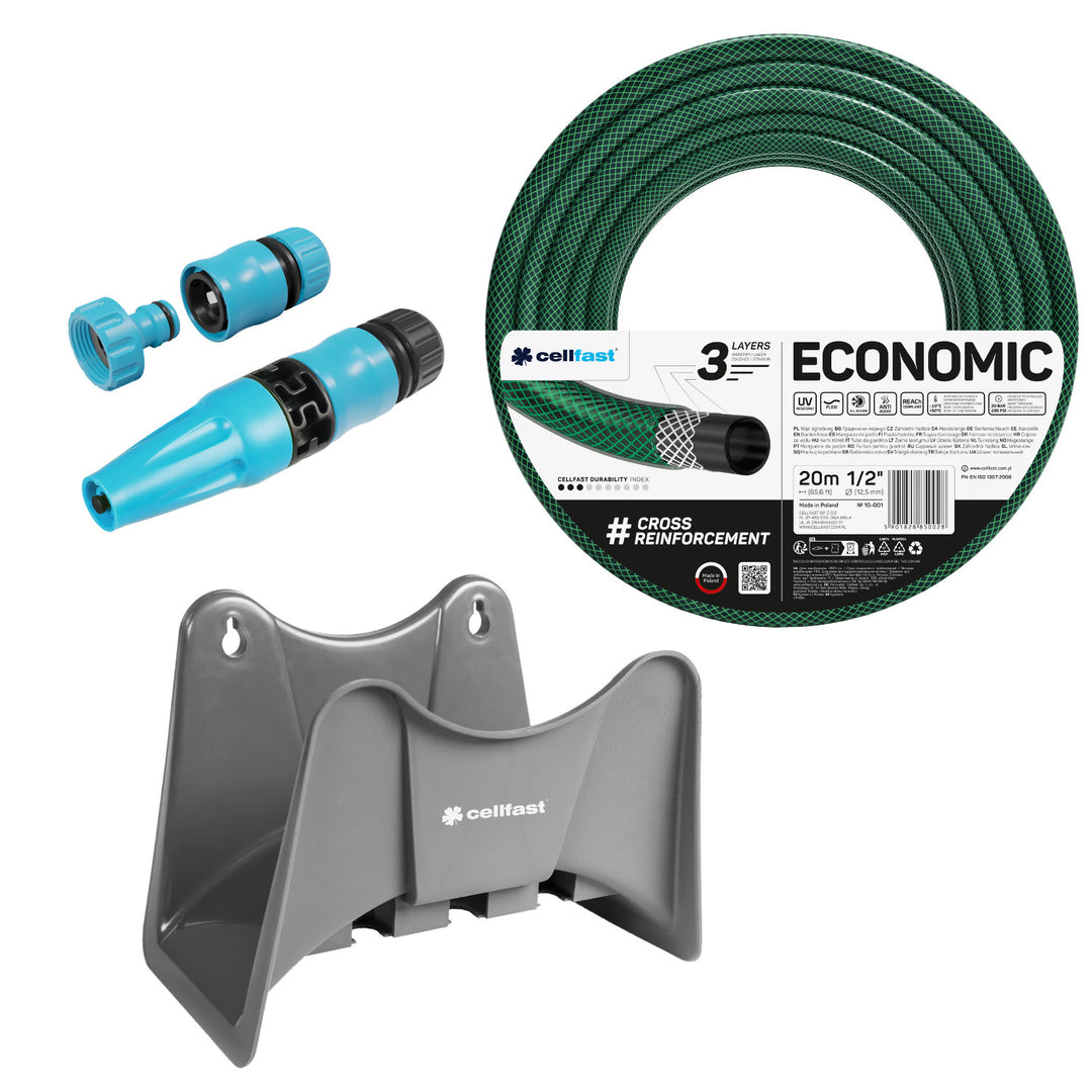 Záhradná hadica Cellfast Economic 1/2" 20 m + záves na hadicu Cellfast (sivá) + sada s priamym rozprašovačom Cellfast Basic 1/2"