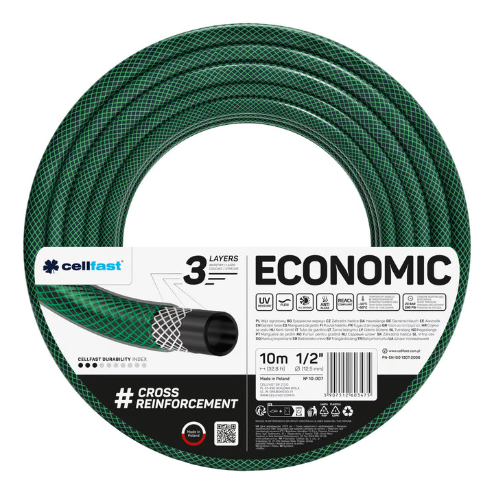 Záhradná hadica Cellfast Economic 1/2" 10 m + záves na hadicu Cellfast (sivá) + sada s priamym postrekovačom Cellfast Basic 1/2"