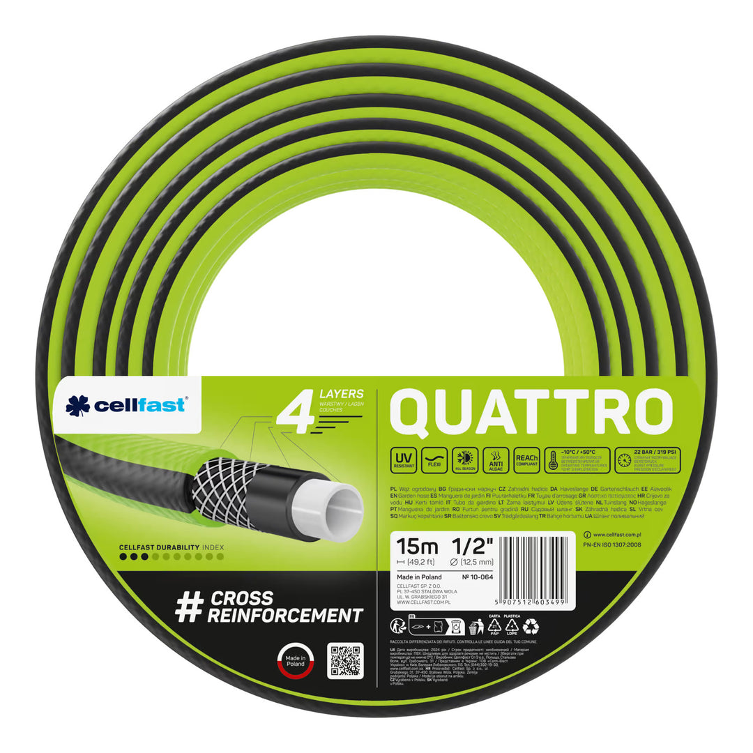 Záhradná hadica Cellfast Quattro 1/2" 15 m + záves na hadicu Cellfast (sivá) + sada s priamym zavlažovačom Cellfast Basic 1/2"