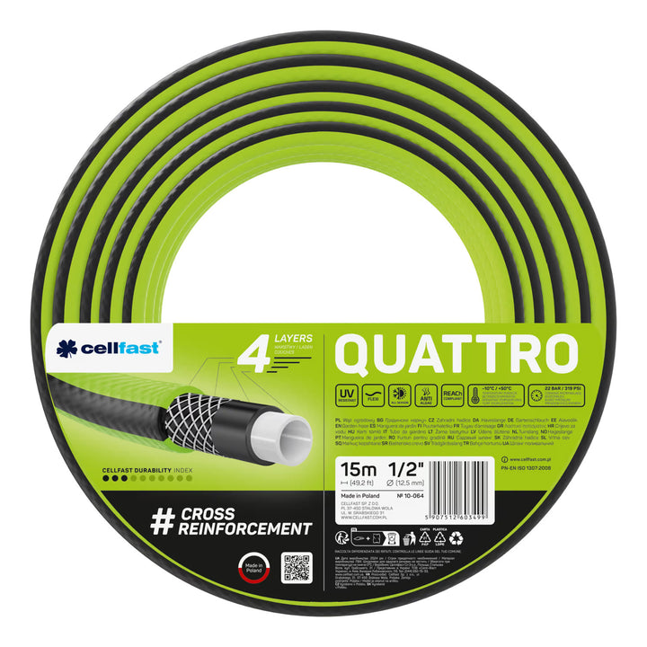 Záhradná hadica Cellfast Quattro 1/2" 15 m + záves na hadicu Cellfast (sivá) + sada s priamym zavlažovačom Cellfast Basic 1/2"