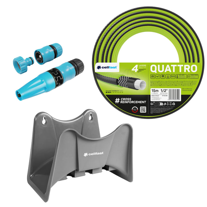 Záhradná hadica Cellfast Quattro 1/2" 15 m + záves na hadicu Cellfast (sivá) + sada s priamym zavlažovačom Cellfast Basic 1/2"