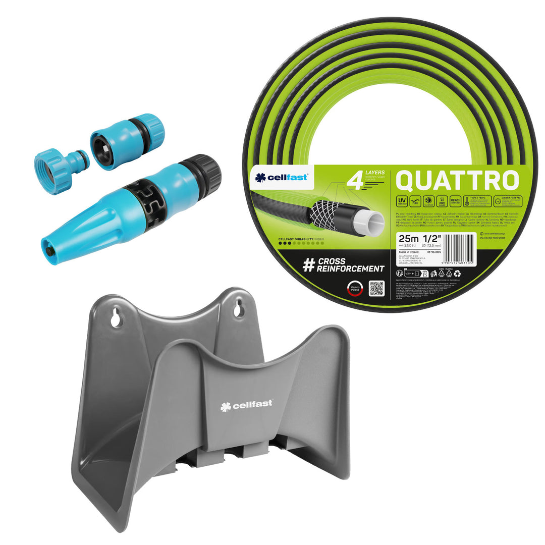 Záhradná hadica Cellfast Quattro 1/2" 25 m + záves na hadicu Cellfast (sivá) + sada s priamym zavlažovačom Cellfast Basic 1/2"