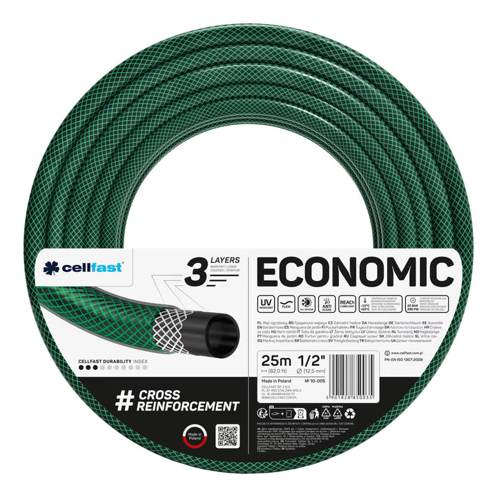 Záhradná hadica Cellfast Economic 1/2" 50 m + záves na hadicu Cellfast (sivá) + sada s priamym zavlažovačom Cellfast Basic 1/2"