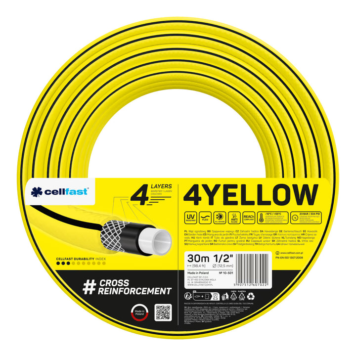 Záhradná hadica Cellfast 4YELLOW 1/2" 30 m + záves na hadicu Cellfast (sivá) + sada s priamym zavlažovačom Cellfast Basic 1/2"