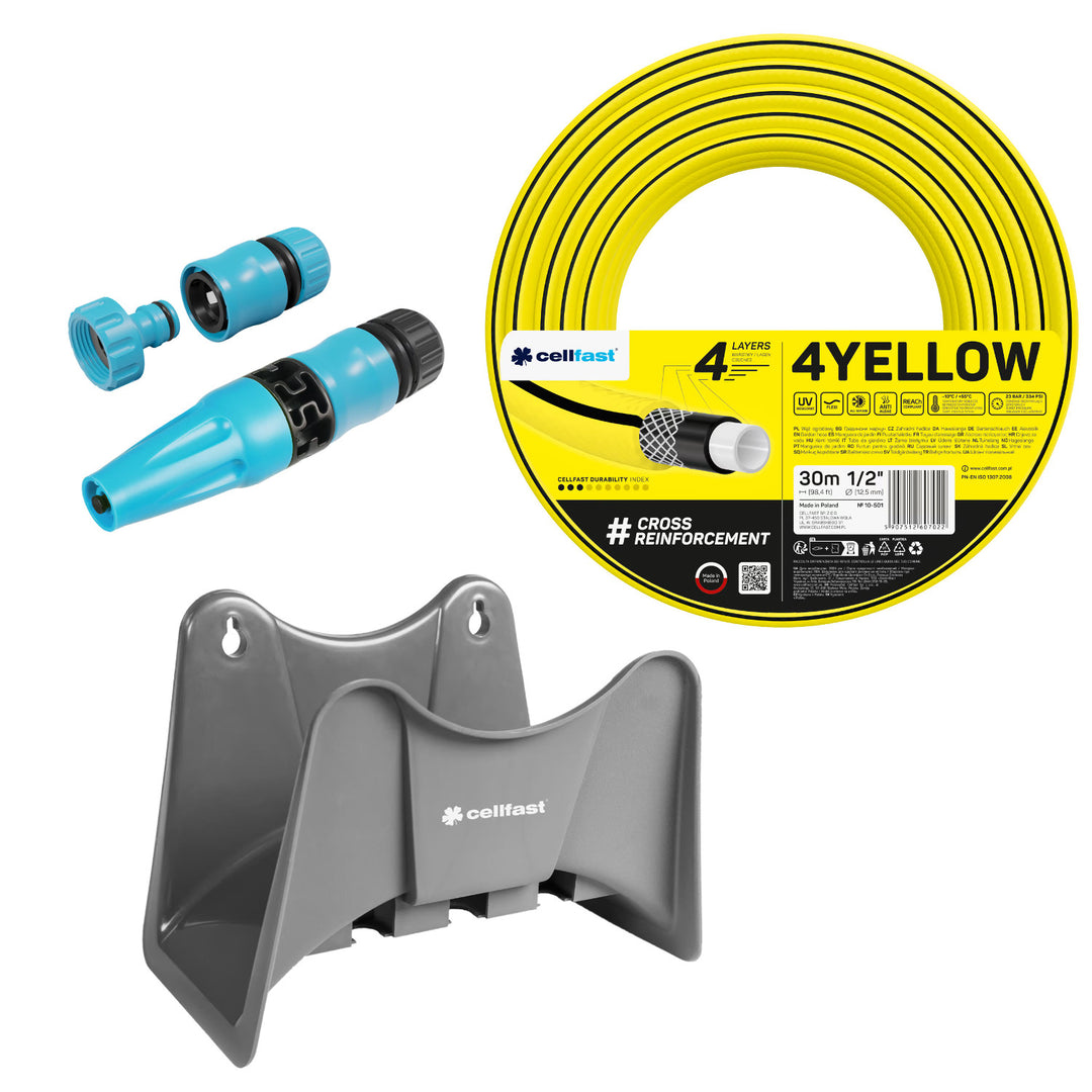 Záhradná hadica Cellfast 4YELLOW 1/2" 30 m + záves na hadicu Cellfast (sivá) + sada s priamym zavlažovačom Cellfast Basic 1/2"