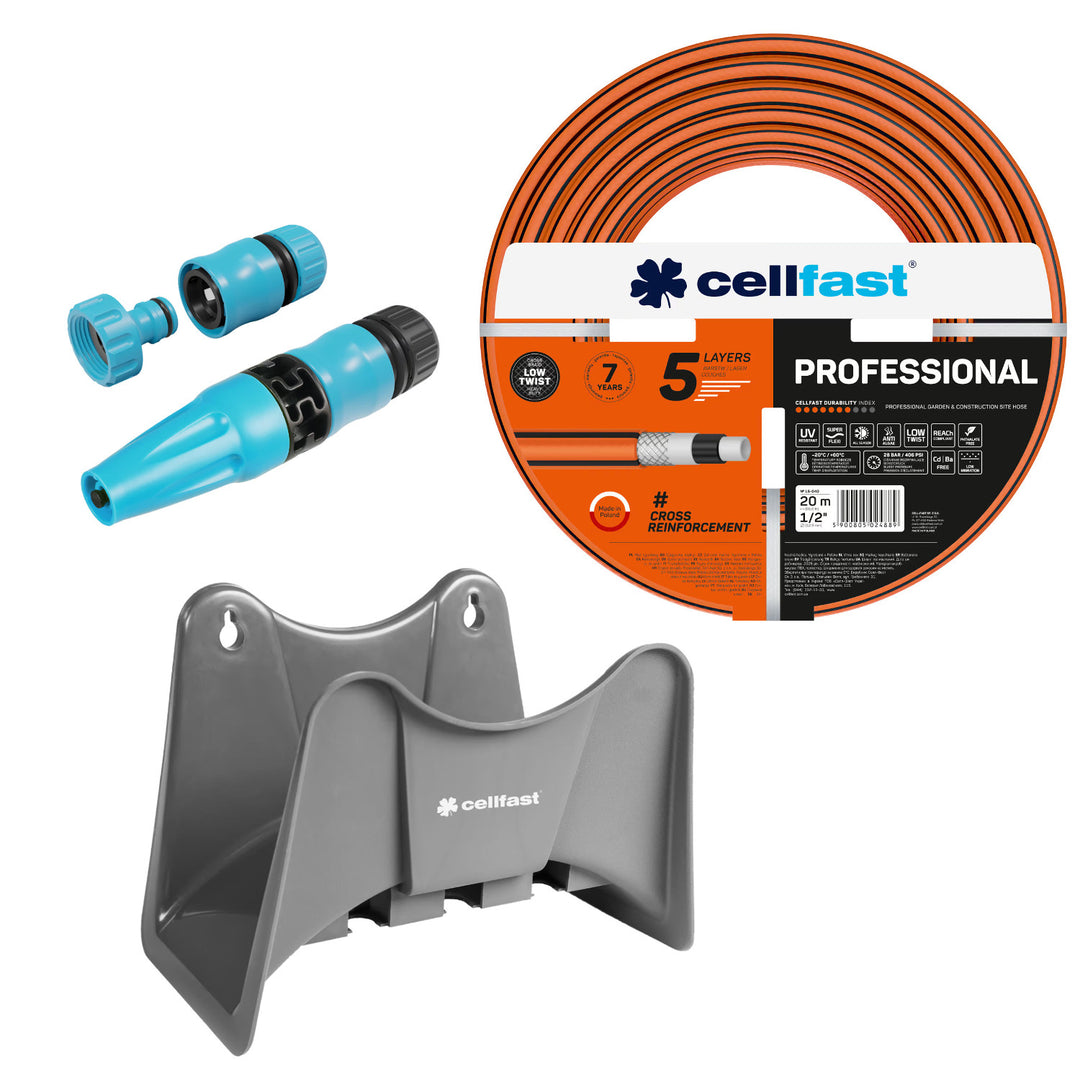 Záhradná hadica Cellfast, PROFESSIONAL 1/2" 20 m + záves na hadicu Cellfast, sivá +  sada s priamym zavlažovačom Cellfast Basic 1/2"