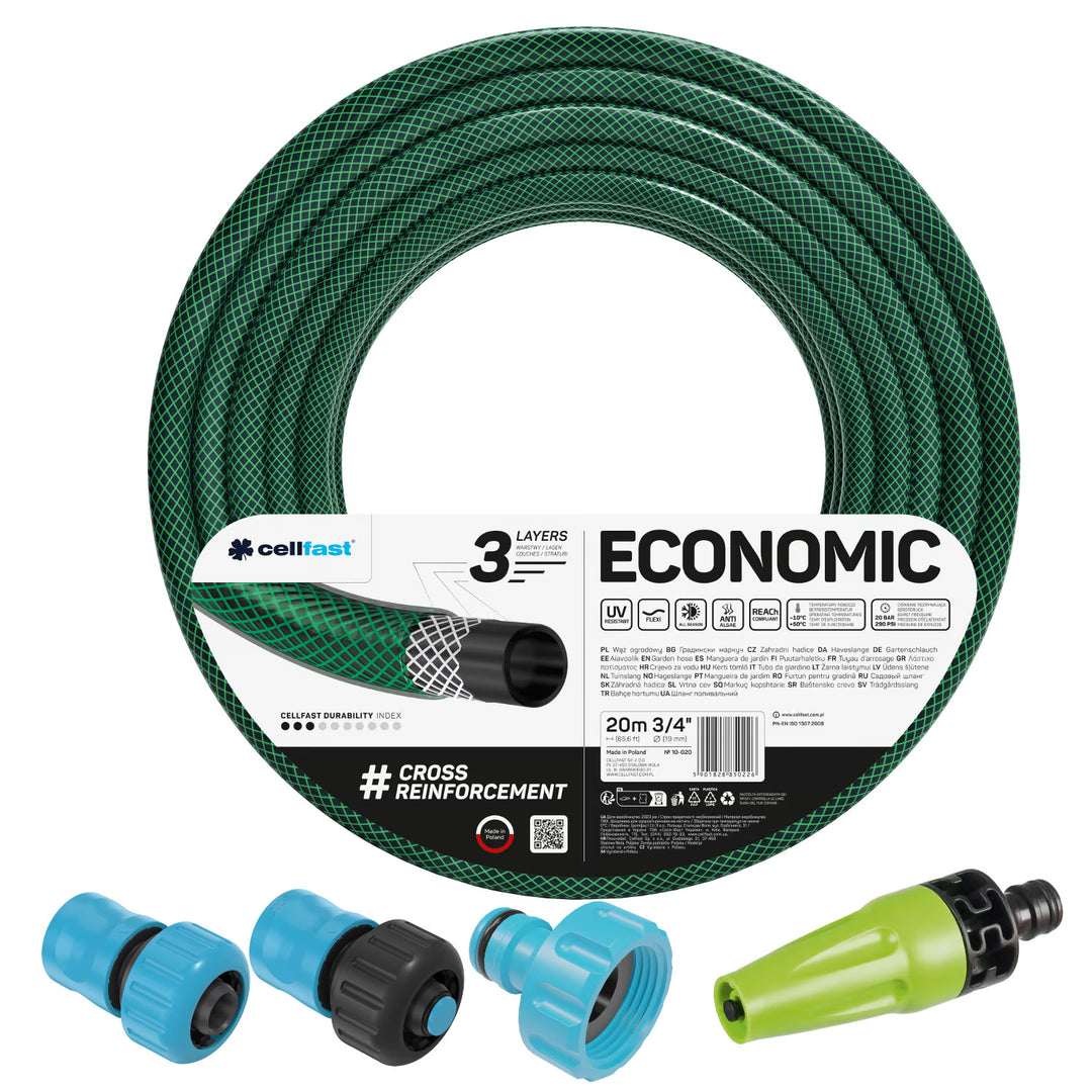 Záhradná hadica Cellfast Economic 3/4" 20 m + priamy postrekovač + prípojka s vnútorným závitom 3/4" + priechodná rýchlospojka a uzáver 3/4"