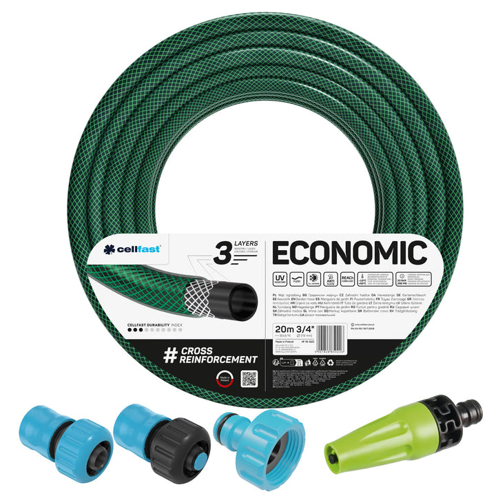 Záhradná hadica Cellfast Economic 3/4" 20 m + priamy postrekovač + prípojka s vnútorným závitom 3/4" + priechodná rýchlospojka a uzáver 3/4"