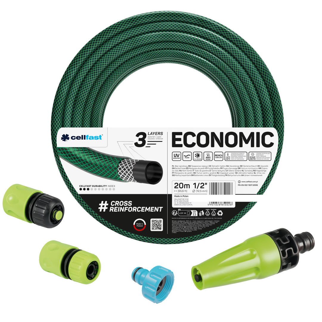 Záhradná hadica Cellfast Economic 1/2" 20 m + priamy postrekovač + prípojka s vnútorným závitom 3/4" + priechodná rýchlospojka a uzáver 1/2"