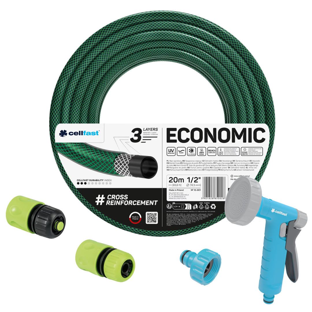 Záhradná hadica Cellfast Economic 1/2" 20 m + postrekovač s pištoľovou hlavicou + prípojka s vnútorným závitom 3/4" + rýchlospojka priechodná a uzáverová 1/2"
