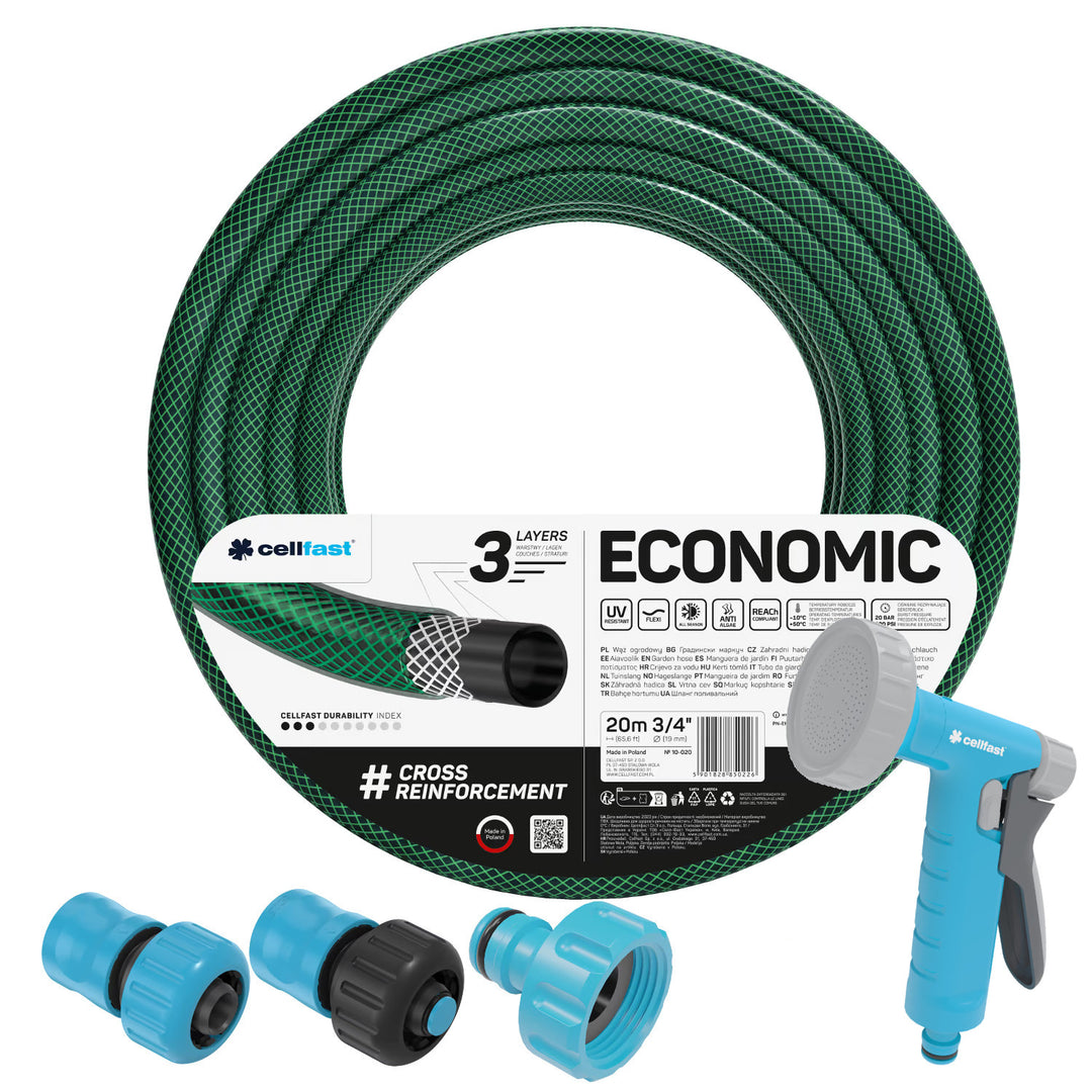 Záhradná hadica Cellfast Economic 3/4" 20 m + postrekovač s pištoľovou hlavicou + prípojka s vnútorným závitom 3/4" + rýchlospojka priechodná a uzáverová 3/4"