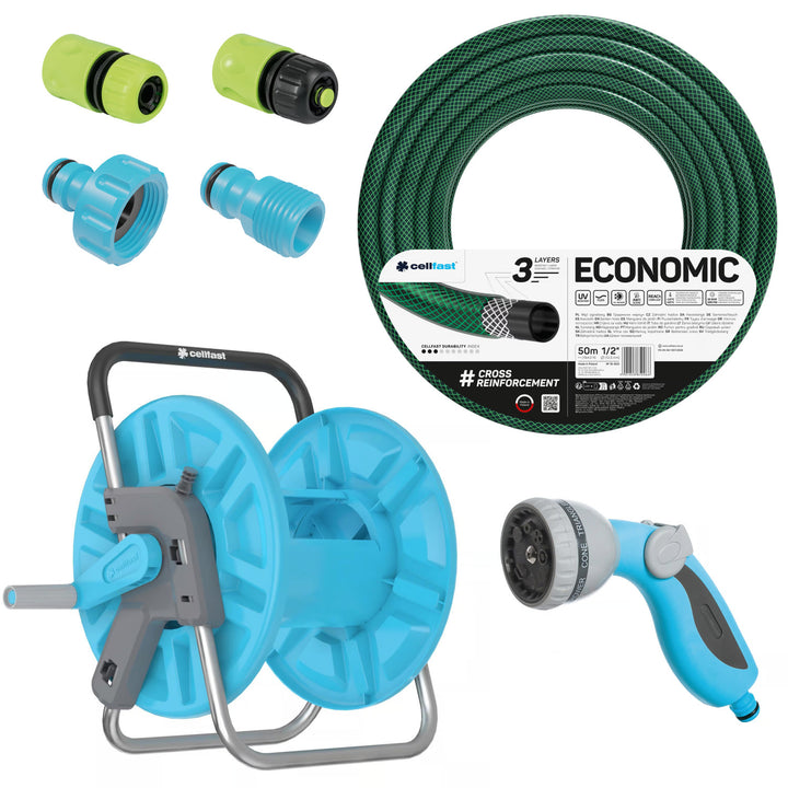 Záhradná hadica Economic 1/2" 50 m + stojan, prípojka s vnútorným závitom 3/4", pripojenie s vonkajším závitom 1/2", rýchlospojka priechodná a stop 1/2" + 8-funkčná pištoľová rozstrekovačka Cellfast Mix Ideal