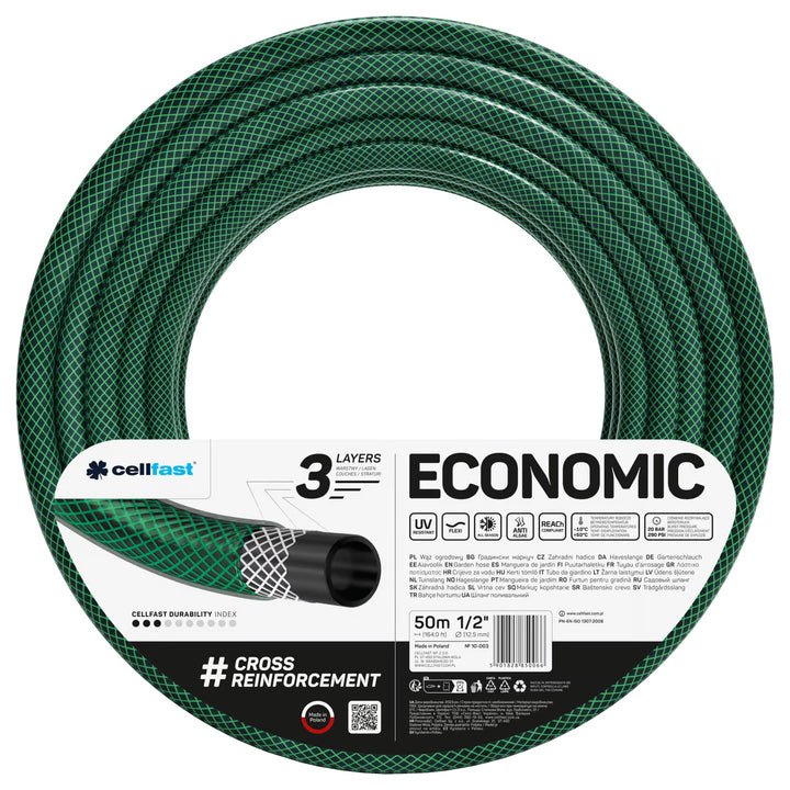 Záhradná hadica Economic 1/2" 50 m + vozík, prípojka s vnútorným závitom 3/4", pripojenie s vonkajším závitom 1/2", rýchlospojka priechodná a stop 1/2" + 8-funkčná pištoľová zavlažovačka Cellfast Mix Ideal