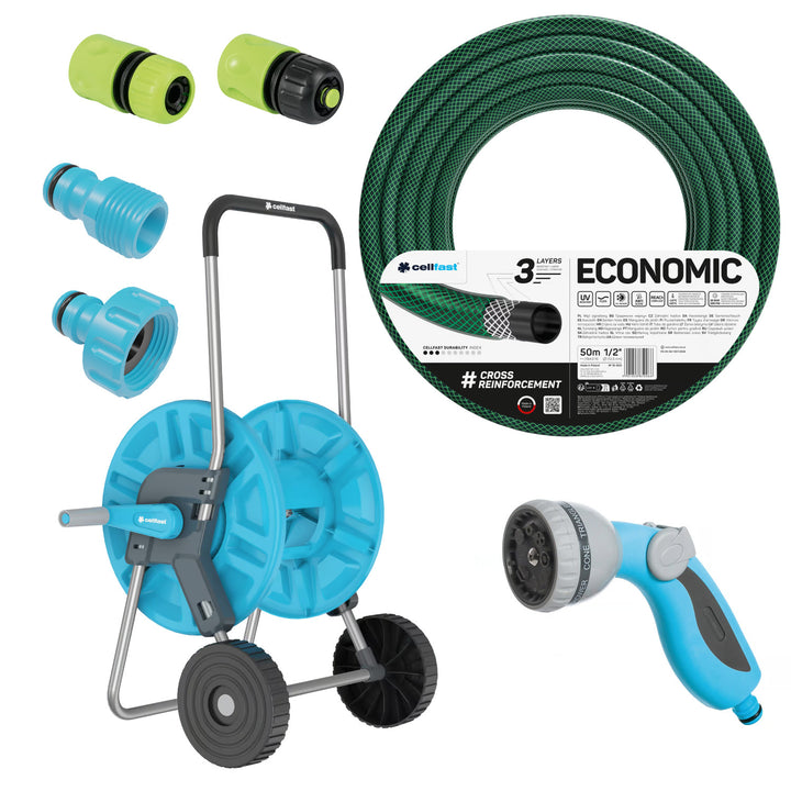 Záhradná hadica Economic 1/2" 50 m + vozík, prípojka s vnútorným závitom 3/4", pripojenie s vonkajším závitom 1/2", rýchlospojka priechodná a stop 1/2" + 8-funkčná pištoľová zavlažovačka Cellfast Mix Ideal