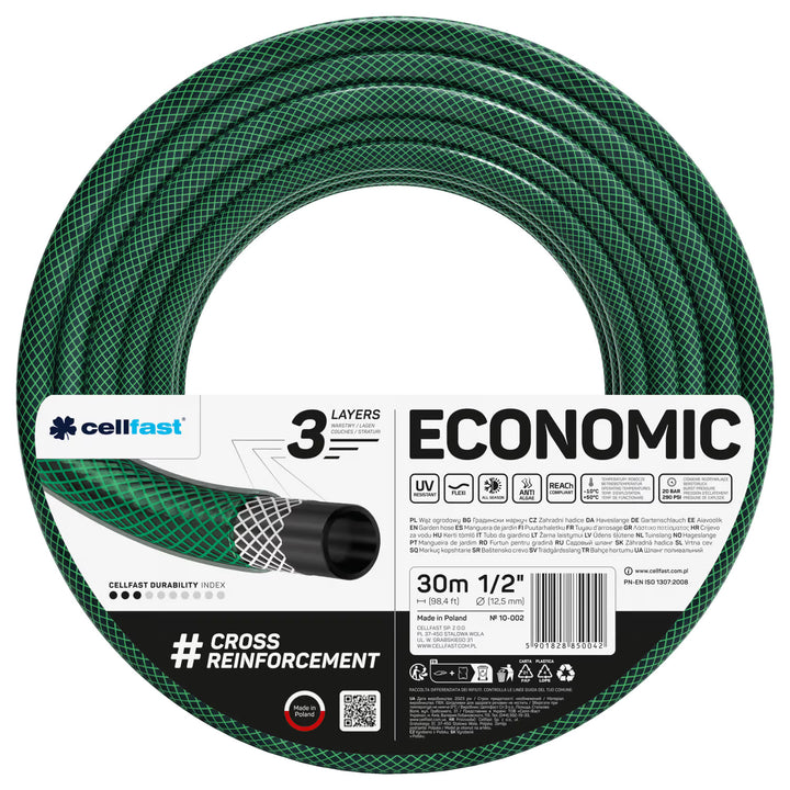 Záhradná hadica Cellfast Economic 1/2" 30 m + stojan, prípojka s vnútorným závitom 3/4", priechodná rýchlospojka a uzáver 1/2" + priamy zavlažovač Cellfast Economic