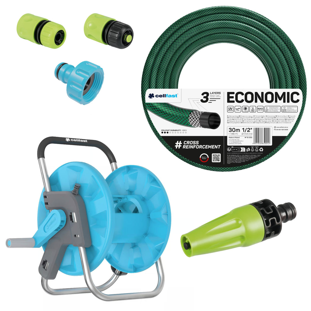 Záhradná hadica Cellfast Economic 1/2" 30 m + stojan, prípojka s vnútorným závitom 3/4", priechodná rýchlospojka a uzáver 1/2" + priamy zavlažovač Cellfast Economic