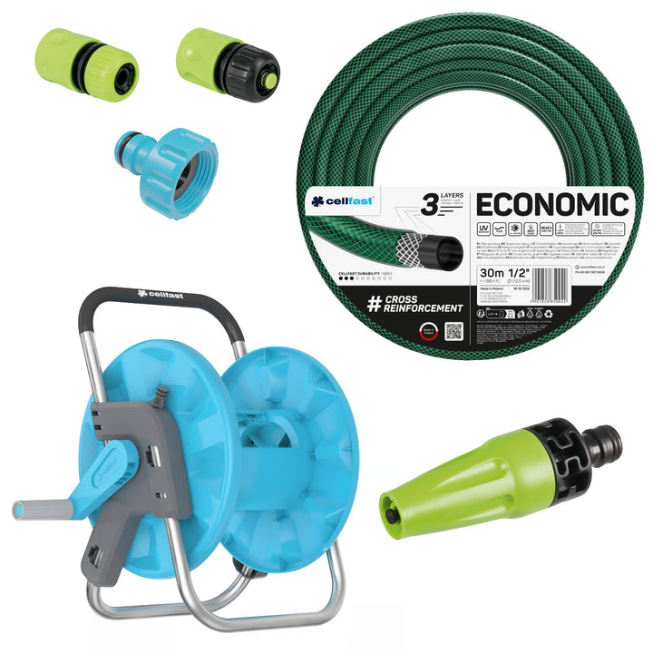 Záhradná hadica Cellfast Economic 1/2" 30 m + stojan, prípojka s vnútorným závitom 3/4", priechodná rýchlospojka a uzáver 1/2" + priamy zavlažovač Cellfast Economic