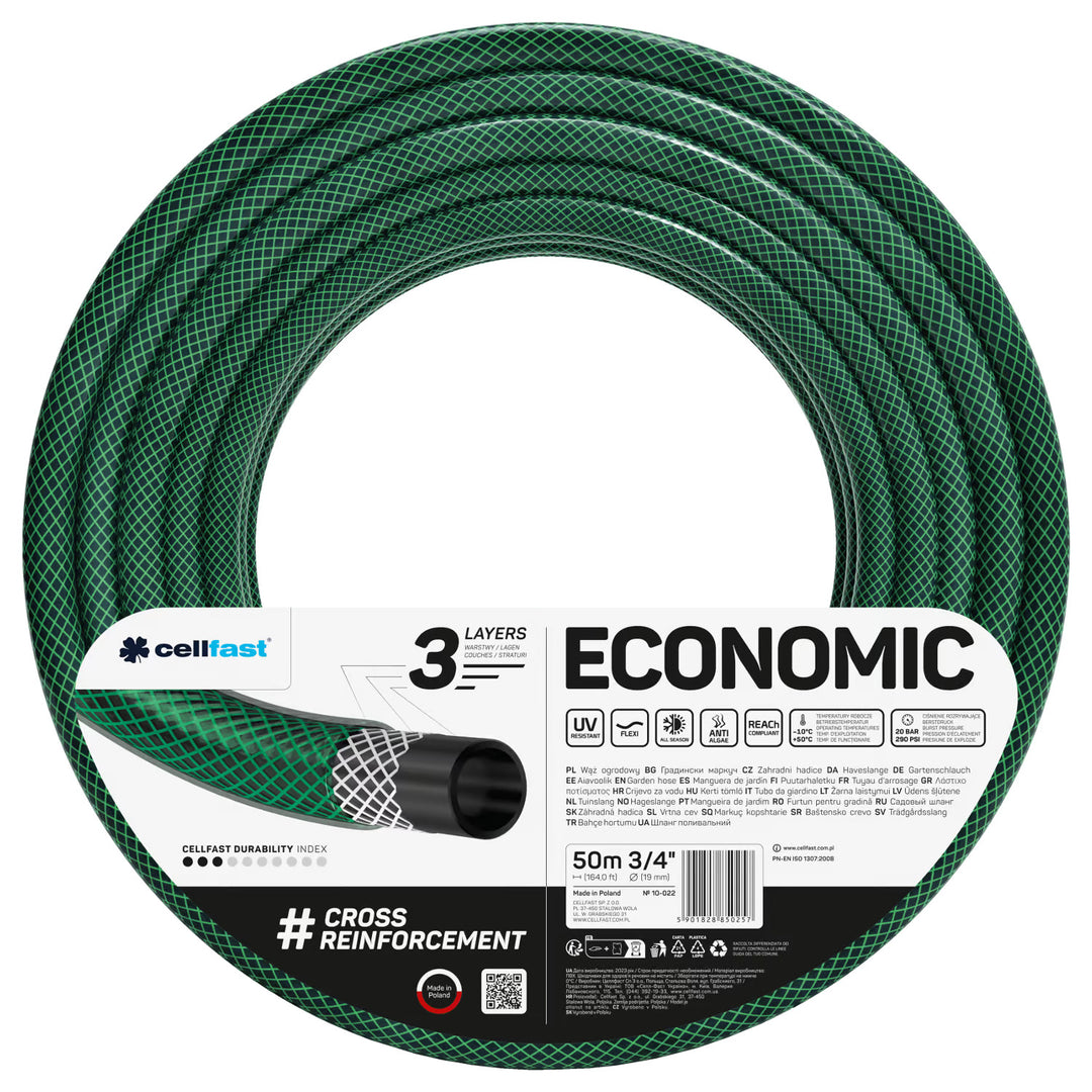 Záhradná hadica Cellfast Economic 3/4" 50 m + rýchlospojka z liatiny a priechodka 3/4" + prípojka s vnútorným závitom 3/4" + otočný zavlažovač + pištoľový zavlažovač