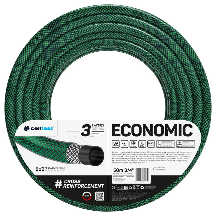 Záhradná hadica Cellfast Economic 3/4" 50 m + rýchlospojka z liatiny a priechodka 3/4" + prípojka s vnútorným závitom 3/4" + otočný zavlažovač + pištoľový zavlažovač