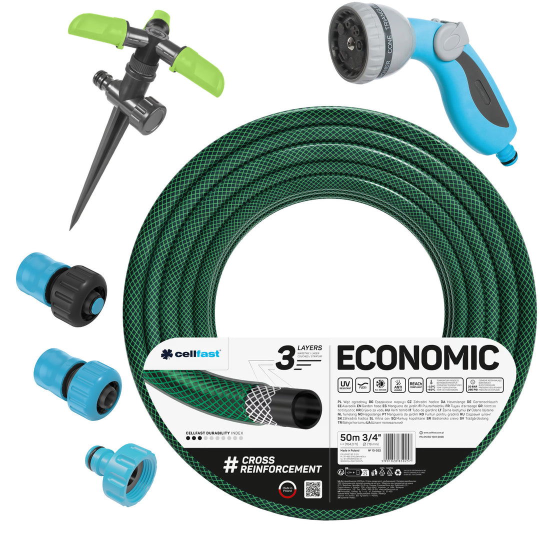 Záhradná hadica Cellfast Economic 3/4" 50 m + rýchlospojka z liatiny a priechodka 3/4" + prípojka s vnútorným závitom 3/4" + otočný zavlažovač + pištoľový zavlažovač