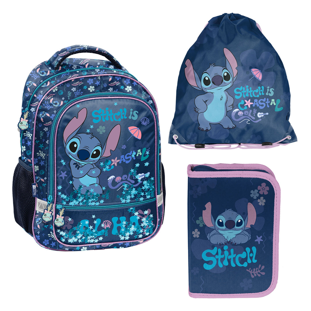 Školská súprava Stitch Paso, batoh s dvoma priehradkami, reflexnými prvkami a vystuženým chrbtom, puzdro na písacie potreby bez obsahu a s úchytmi na pomôcky, vrece na topánky, ktoré sa dá pripnúť na chrbát, DS26XX