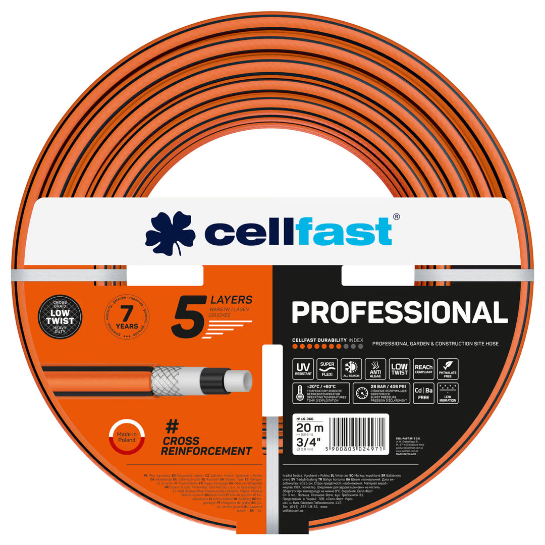Záhradná hadica Cellfast Professional, priemer 3/4 palca, dĺžka 20 m, 5 vrstiev