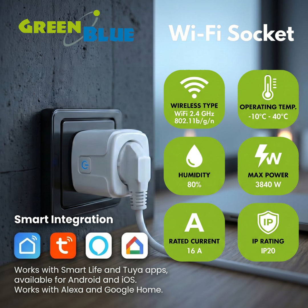 Diaľkovo ovládaná WiFi zásuvka GreenBlue, Android/iOS/Alexa/Google Home, časovač, wattmeter, max. 16 A/3840 W, GB735 W, 2 ks